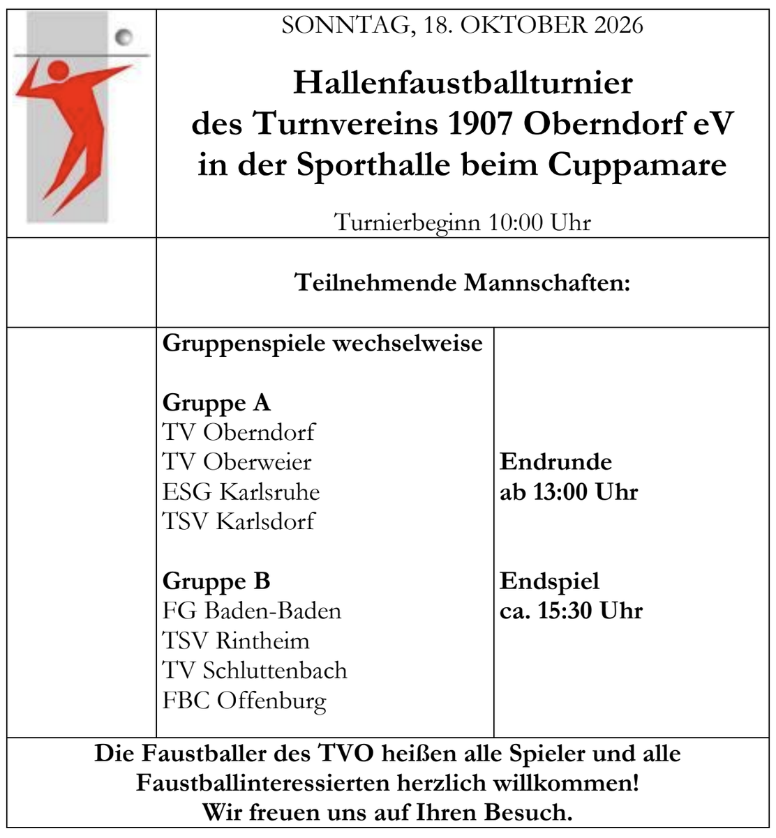 Faustballhallenturnier am Sonntag, 18. Oktober